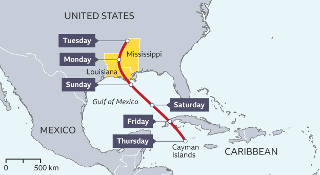 Map showing the location of Hurricane Ida in the Atlantic in 2021